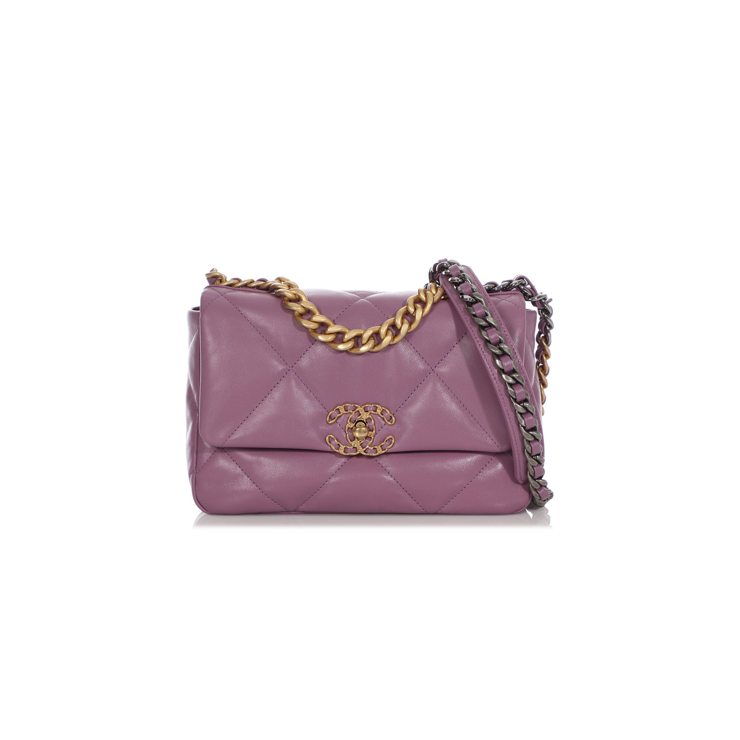 CHANEL PURPLE QUILTED CHÈVRE MEDIUM 19 BAG GOLD, RUTHENIUM, AND SILVER HARDWARE AS1160 (26*16*9cm)